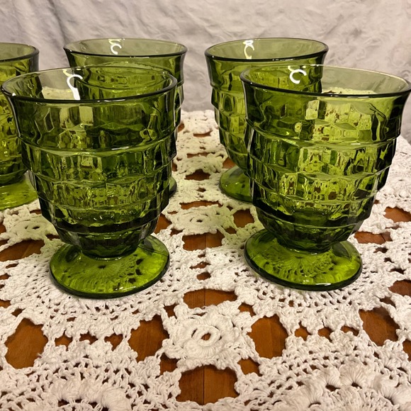 6 Vintage Indiana Whitehall Cubist Avocado Green Glass Footed Tumblers Textured - Picture 2 of 7